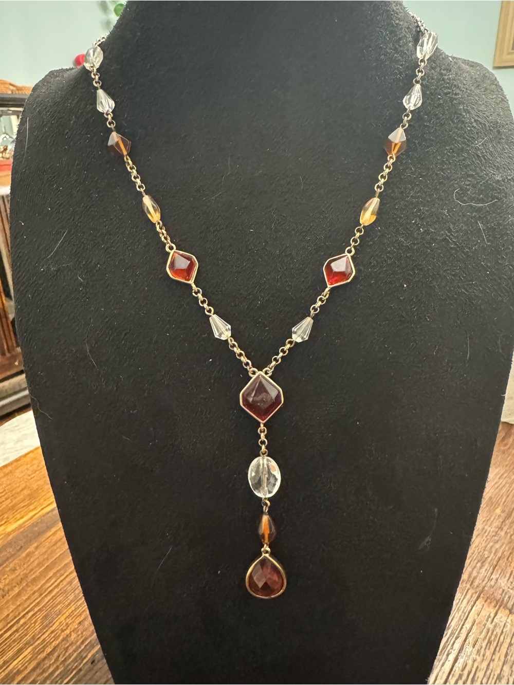 V Villager Liz Claiborne Red Amber Crystal Y Drop Statement Necklace